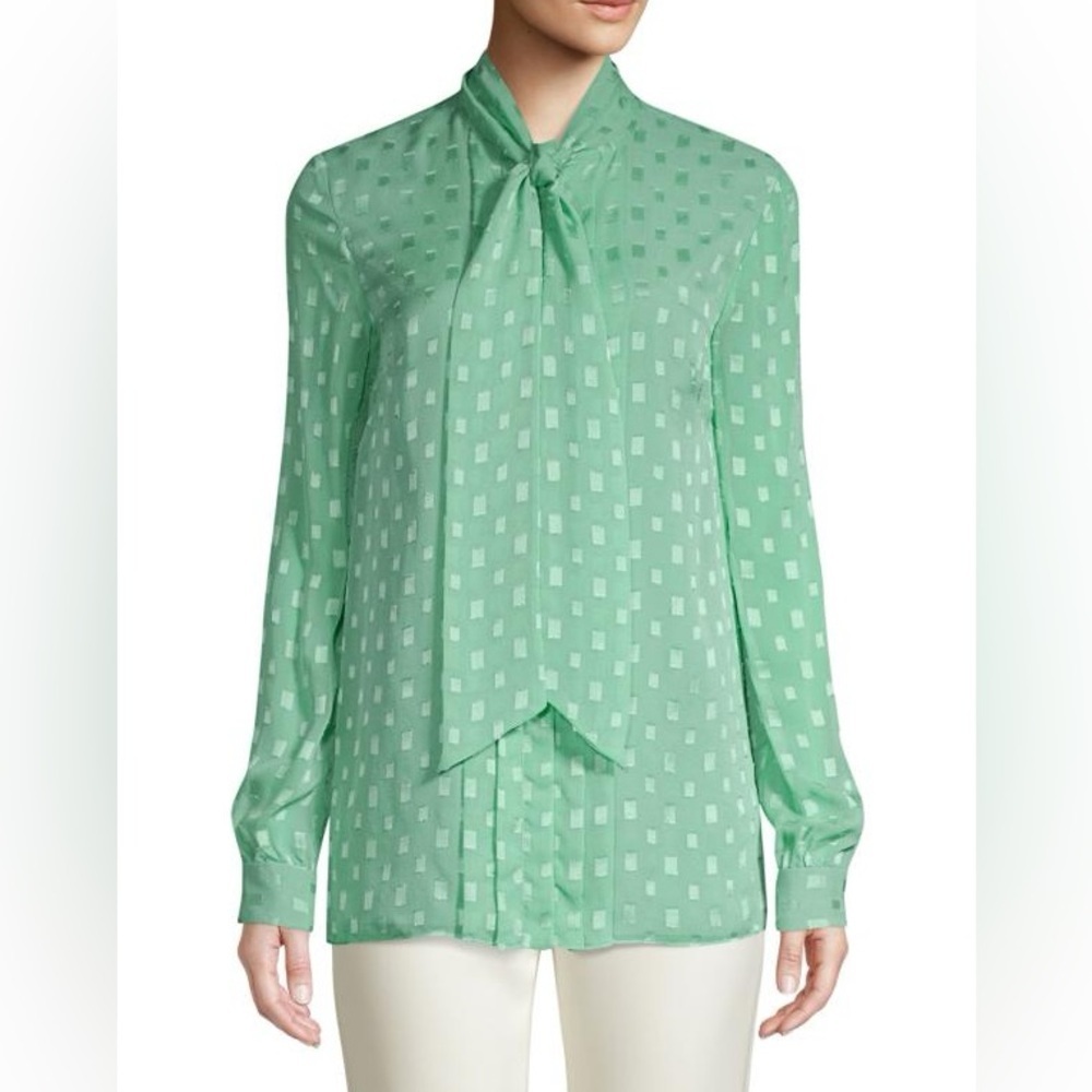 ST. JOHN Silk Rectangle Tie-Neck Blouse in green size 6